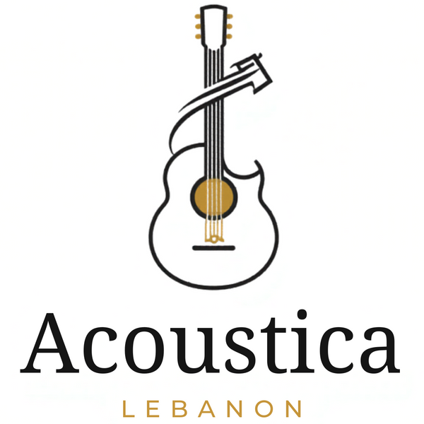 Logo of Acoustica Lebanon with an acoustic guitar illustration on a white background